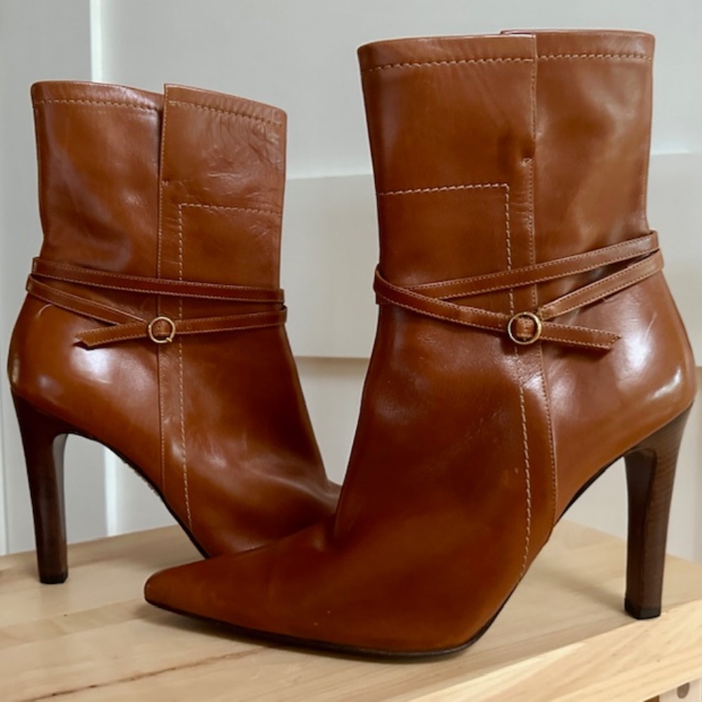 BRAND NEW Vintage Lambertson Truex Cognac Leather Boots 4.25" Heels EU 40 / US 9 - Picture 3 of 12